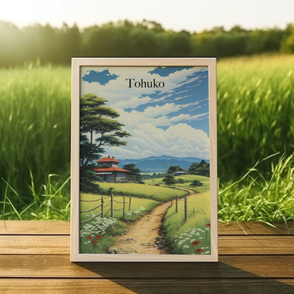 A framed poster of Tohoku with a scenic countryside view placed on a wooden surface outdoors.