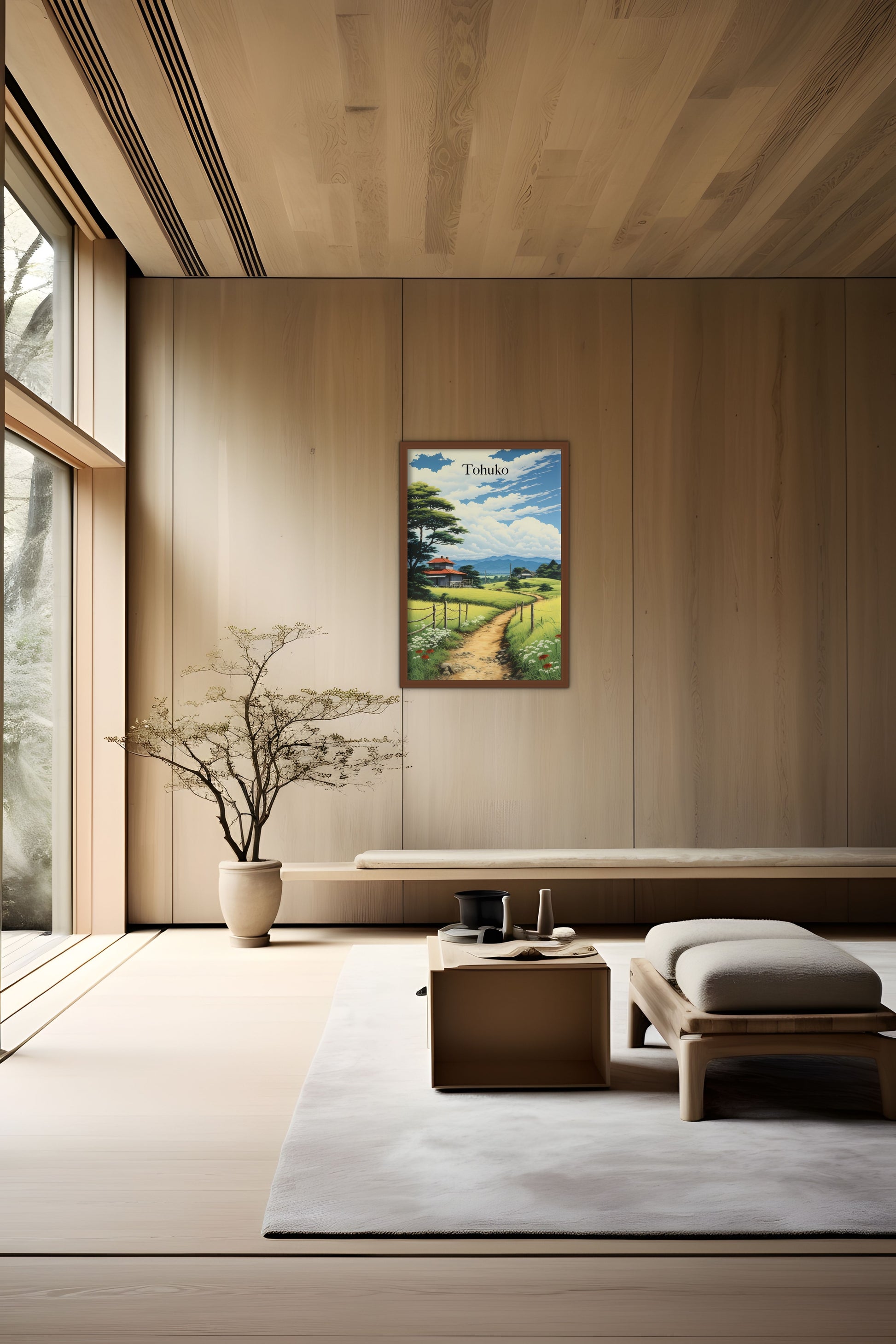 Minimalist living room with wooden walls, a framed painting, and a branch decor.