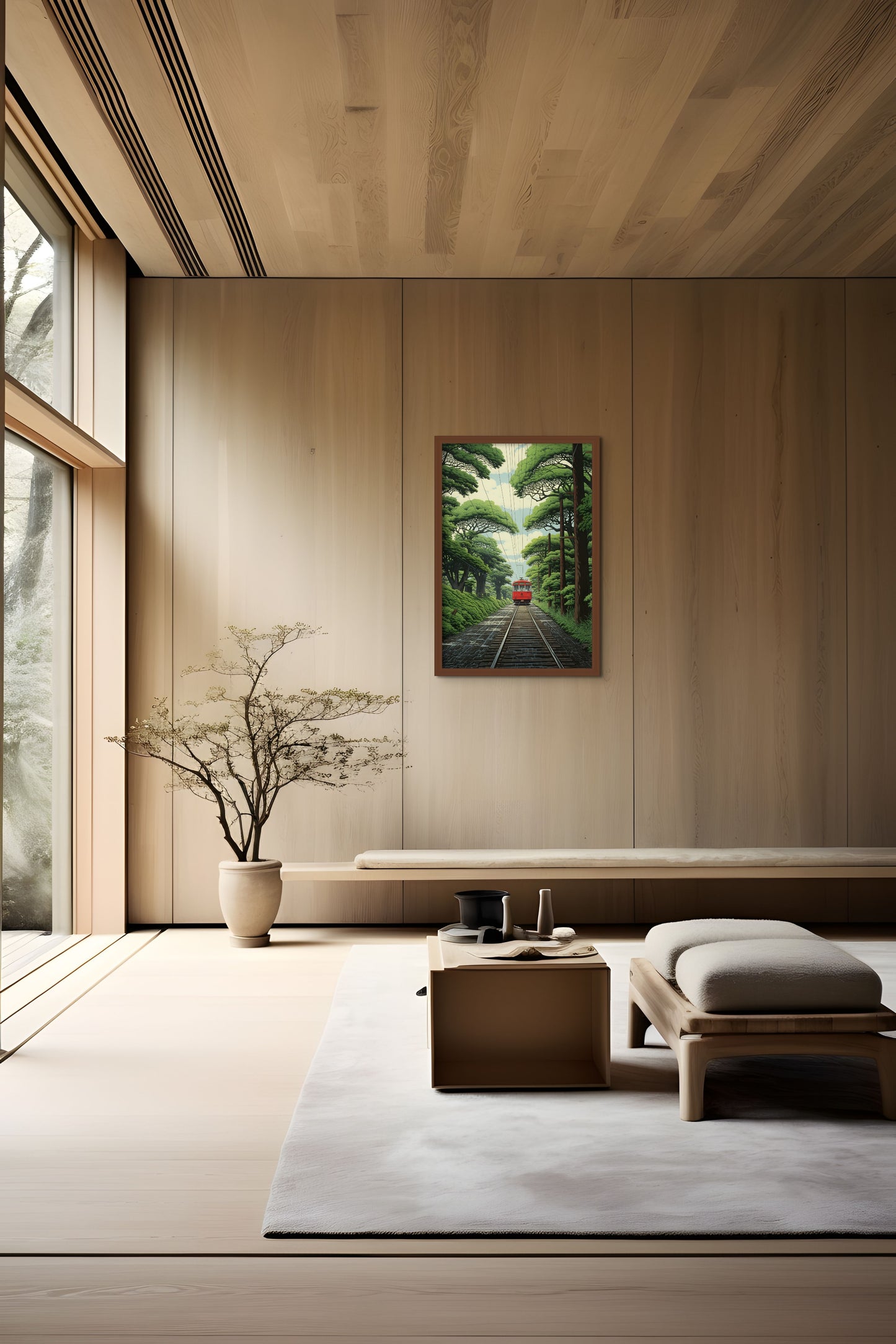 A tranquil minimalist interior with a bench, armchair, and artwork on a wooden wall.