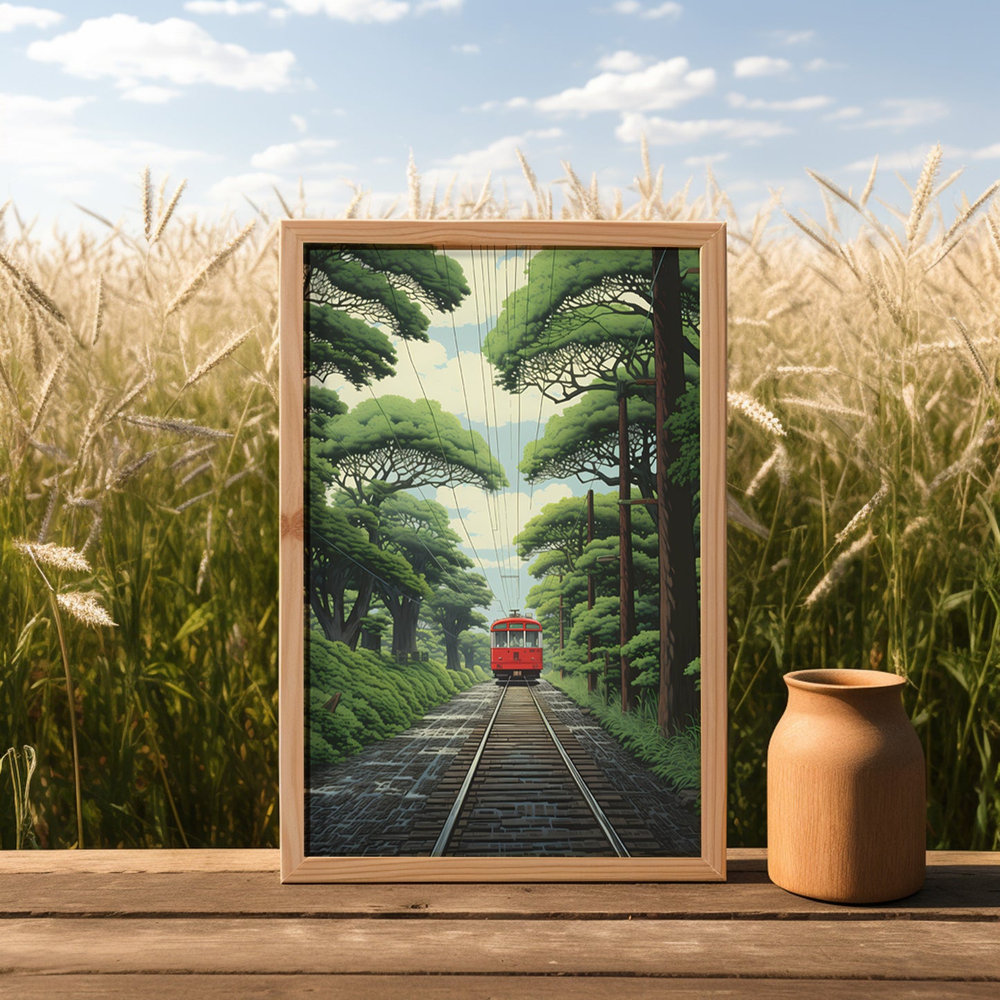A framed picture of a train on tracks in a forest, placed on a wooden surface beside a clay pot, with tall grass in the background.