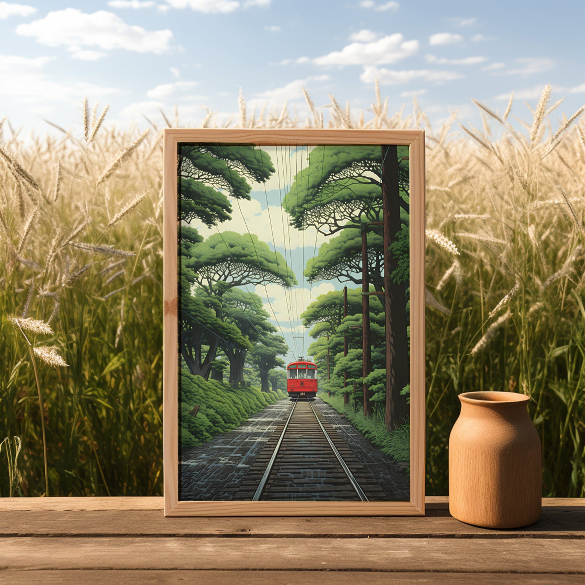 A framed picture of a train on tracks in a forest, placed on a wooden surface beside a clay pot, with tall grass in the background.