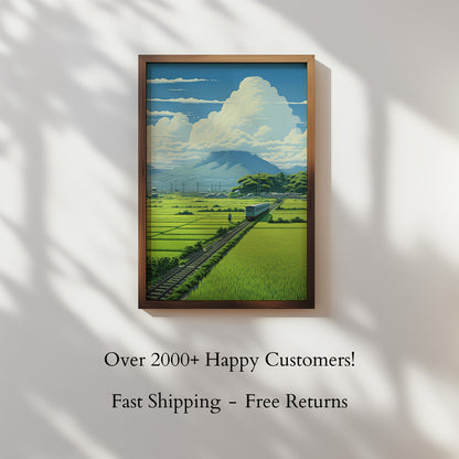 Train Through the Japanese Rice Fields - Poster