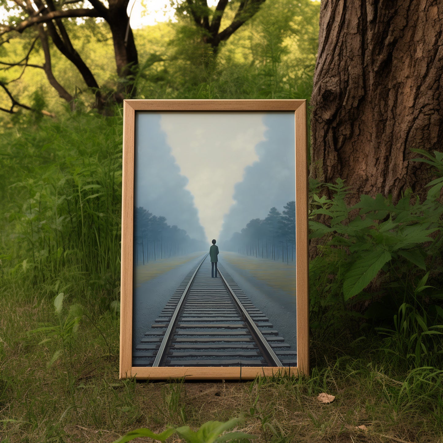A framed picture of a person on railroad tracks extending to the horizon, placed in a forest.