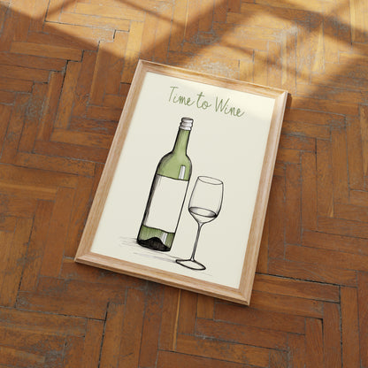 Framed artwork of a bottle and glass of wine with the text "Time to Wine" on a wooden floor.