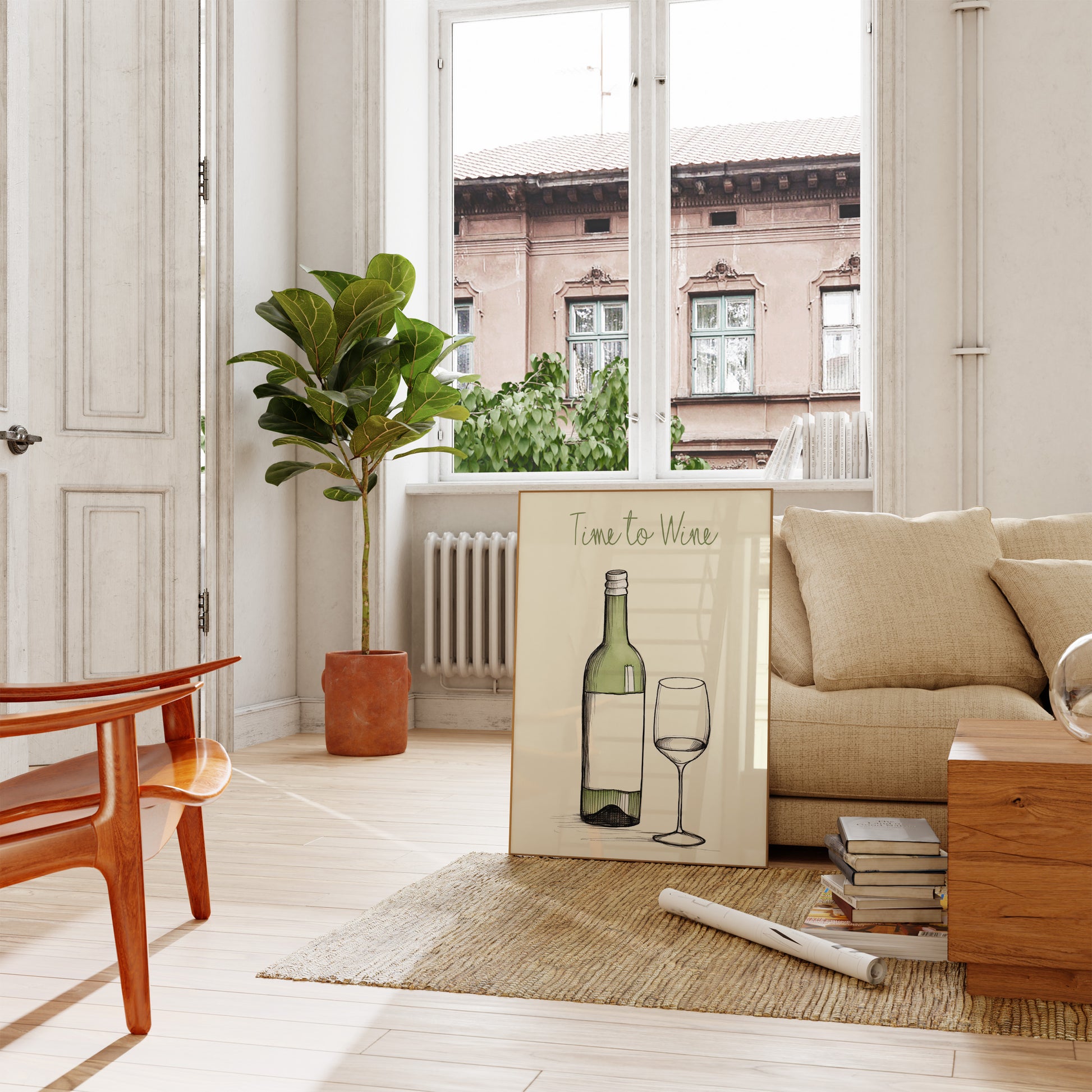 A cozy living room with a plant, furniture, and an artwork of a bottle and glass.