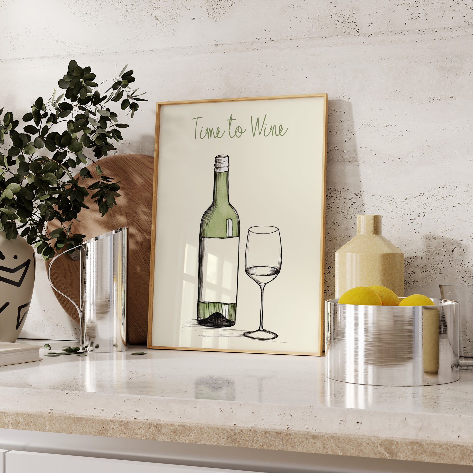 A framed picture with a wine bottle and glass illustration, titled "Time to Wine," on a kitchen countertop.