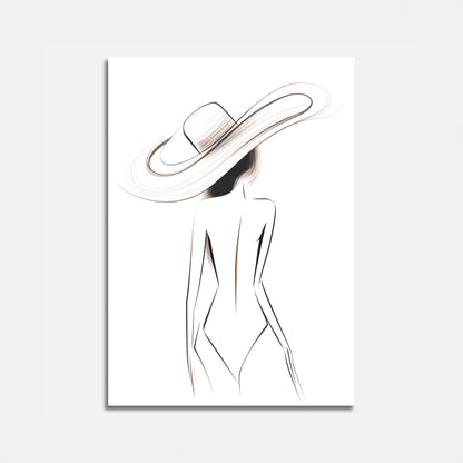 Minimalist artwork of a woman wearing a large brimmed hat on a white background.
