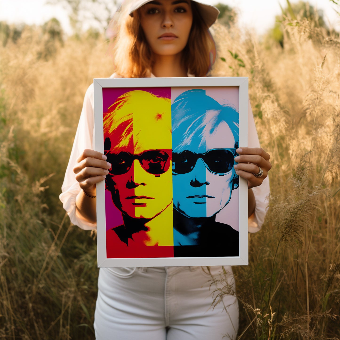 Woman holding a colorful pop art portrait in a field.